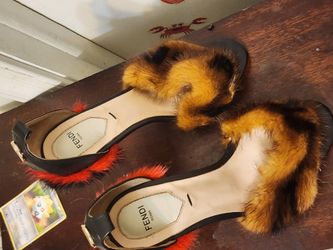 Fendi Multicolor FF Mink Fur Ankle Strap Sandals Size 7 for