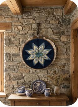 Quilted -8 points star design-inserted into wooden embroidery hoop- country style-lace backing