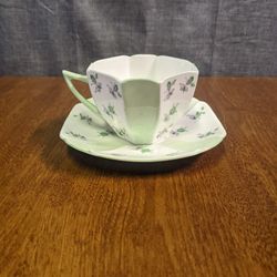 Shelley Cup and Saucer Queen Anne Shape Green Charm Pattern with Small Flowers

