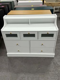 New in box 7 DRAWER DRESSER FOR BEDROOM , MODERN WOODEN STORAGE CABINET WITH 3D FROSTED GLASS FOR LIVING ROOM, WHITE(43Wx15Dx36H）” 318