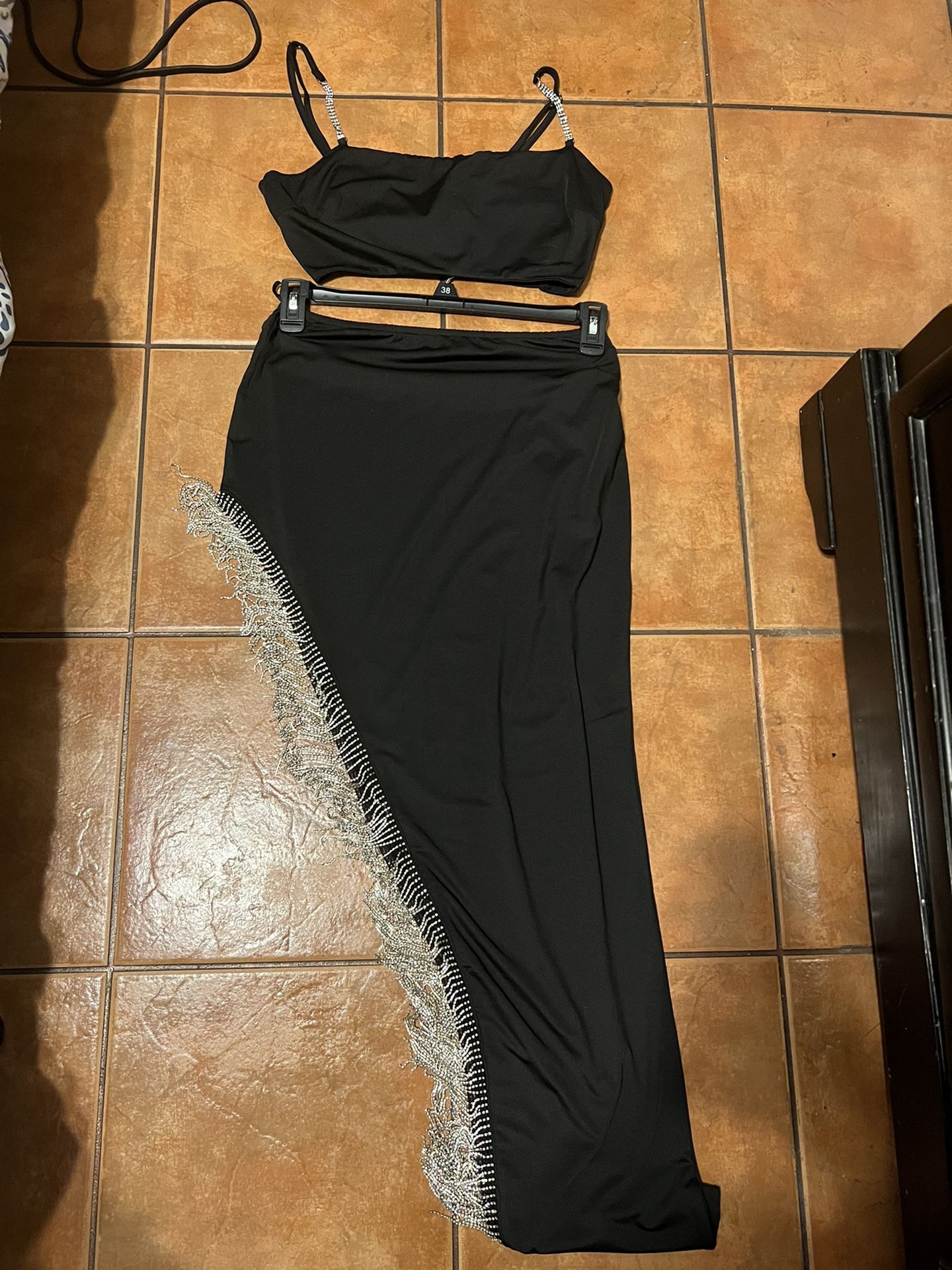 Rhinestone Fringe Slit Two Piece