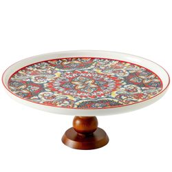 Ceramic Cake Stand with Elegant Wood Curved Footed, 10” Versatile Dessert Stand, 2-in-1 Dessert Tabl