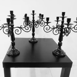 Set of Three Black Vintage Metal Candle Holders for Decoration, Especially for Weddings. Five Arms and Three Candle Holders / Miami 33182.