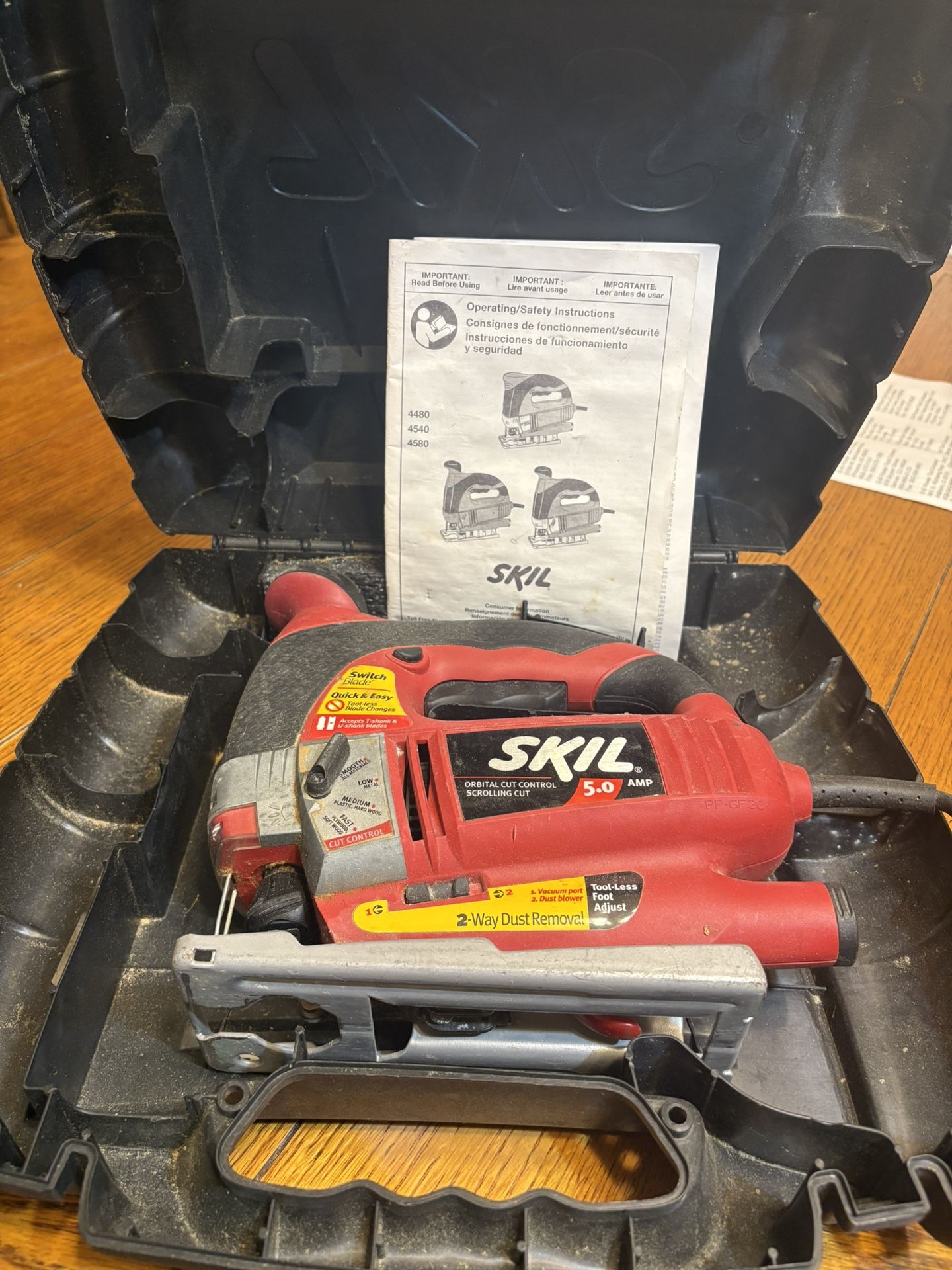 SKIL 4580 5 Amp Orbital/Scrolling Jig Saw, which is a corded electric jigsaw designed for cutting various materials like wood, metal, and plastic.