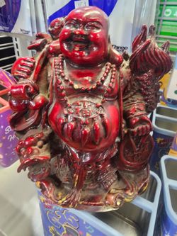 Laughing Buddha Statue on Dragon Throne w Coins Cinnabar Red Resin Lacquer 7.5"