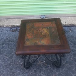 END TABLE SIDE TABLE WOOD AND SLATE TOP WROUGHT IRON BASE