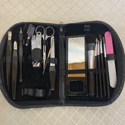 15 Pcs Travel Make-Up + Nail Care Kit in Zip Around Black  Case