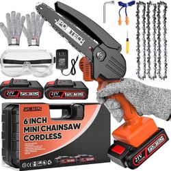 new Mini Chainsaw Cordless 6-Inch with 2 Batteries & Security Lock, Small Portable Handheld Electric Power Chain Saw for Gardening, Wood Cutting and T