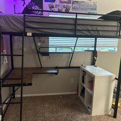 Twin metal loft bed with desk and shelf