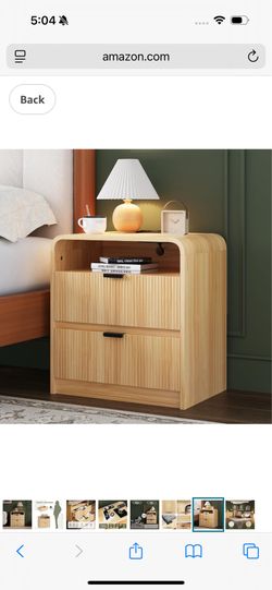 FURSUN 24" Fluted Nightstand with Charging Station, Wooden End Table with 2 Drawers Storage, Curved Profile Design, Modern Bedside Cabinet for Bedroom