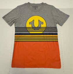 Pre Owned Excellent  True Religion  T Shirt  Short Sleeve  Printed Thick Orange Yellow Gray  Boys  Size 18-20 XL