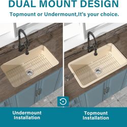 Kitchen Sink Bone 32 x 19 Inch, Large Top Mount Fireclay Bar Sink Drop In Single Bowl, Dual Mount Heavy Duty Deep Basin, w Accessories 2 Types, Bone C