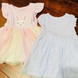 2 Pack: Girl’s 18M Pink/Yellow & Blue Short Sleeve Bunny Dresses; Pink - Single White Bunny on Chest & Blue - Small Gray/White Bunnies on Entire Dress