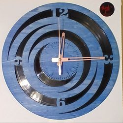 Blue and Black Vinyl Record and Wood Wall Clock