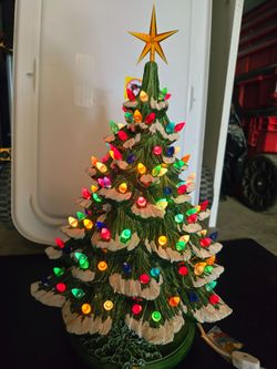 Rare Vintage 19” Flocked Ceramic Christmas Tree: Nowell Rough Branch,Lighted