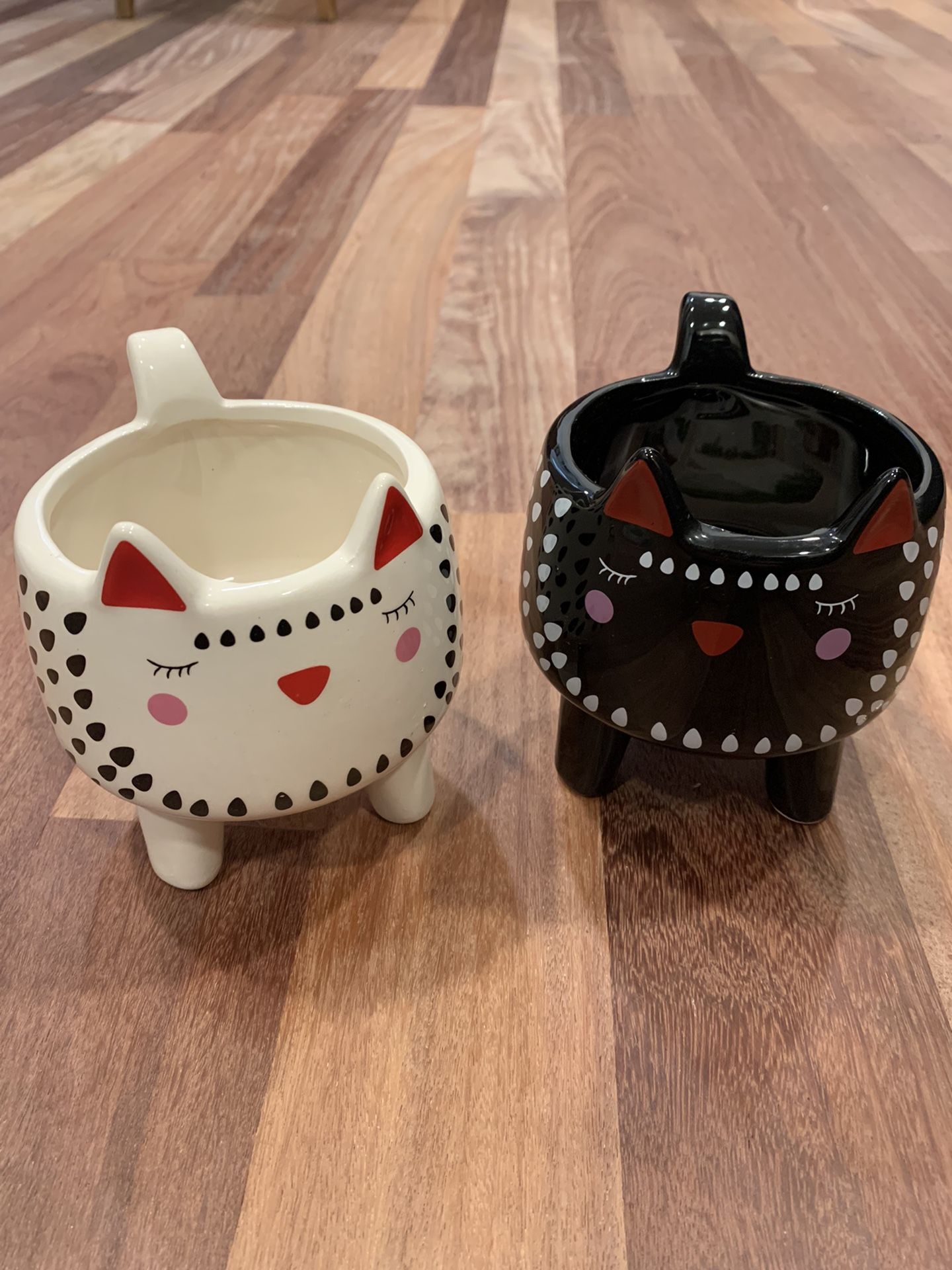 Handmade Ceramic Planter Pots, White and Black Cat Pots