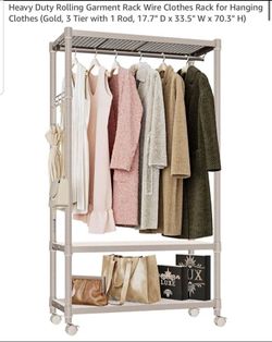 Heavy Duty Rolling Garment Rack Wire Clothes Rack for Hanging Clothes (Gold, 3 Tier with 1 Rod, 17.7"