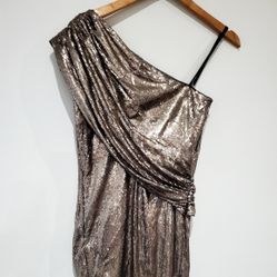 DESIGNER Tadashi Shoji one shoulder champagne sequin dress size 4 