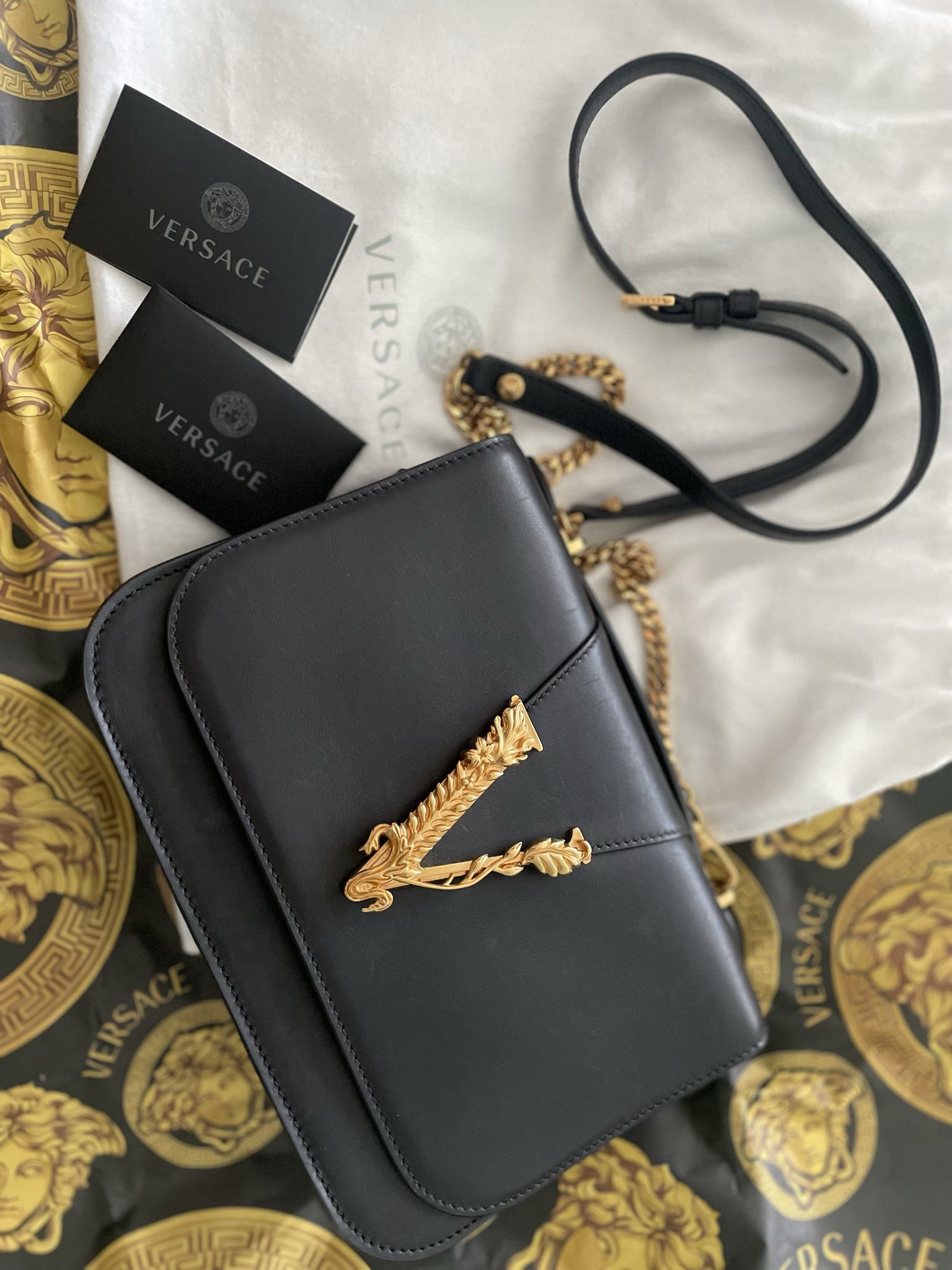 Versace Virtus Black Bag With Gold Chains