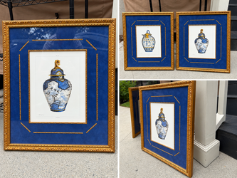 Pair of Framed Blue and White Ceramic Art Prints