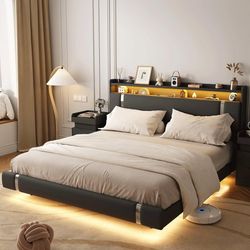 King Size Floating Bed Frame with Storage Headboard, LED Light & Charging Station Platform,Black