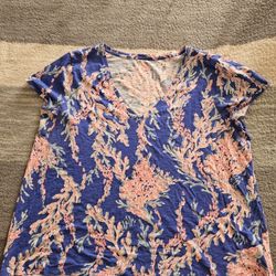 Lilly Pulitzer Blue and Coral Floral Top Size XXL
