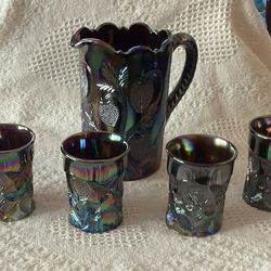 Vintage Iridescent Carnival Glass Pitcher & 4 Tumblers  Set, Inverted Strawberry Design