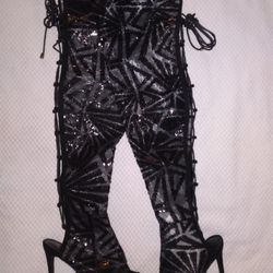 Vigo Fiore Over The Knee Black Sequin Stiletto Boots Brand Size 9