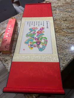 Chinese Decorative Wall Scroll with Floral Art