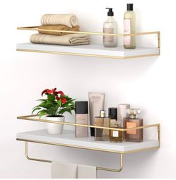 Shario White Floating Shelves - Set of 2, Wall Mounted Hanging Shelves with Golden Towel Rack, Decorative Storage Shelves for Bathroom, Kitchen, Livin