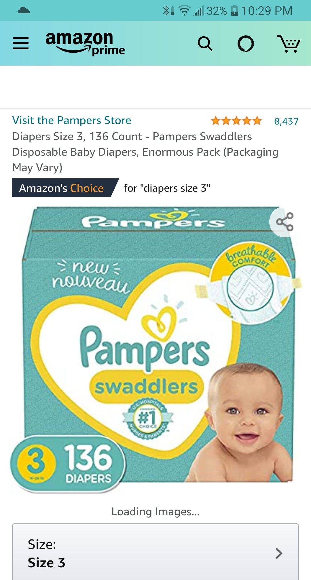 Pampers swaddlers size 3 136 count (1 in stock) Section Front Display