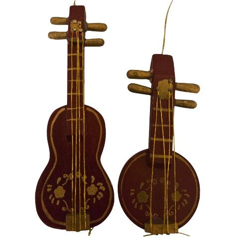 vintage Russ wooden string instruments Christmas ornaments 5" and 3 1/2"