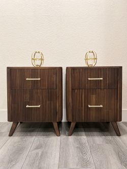 Mocha Brown Fluted Wooden Nightstands with Two Drawers & Brass Pulls | Side Tables | End tables |NEW