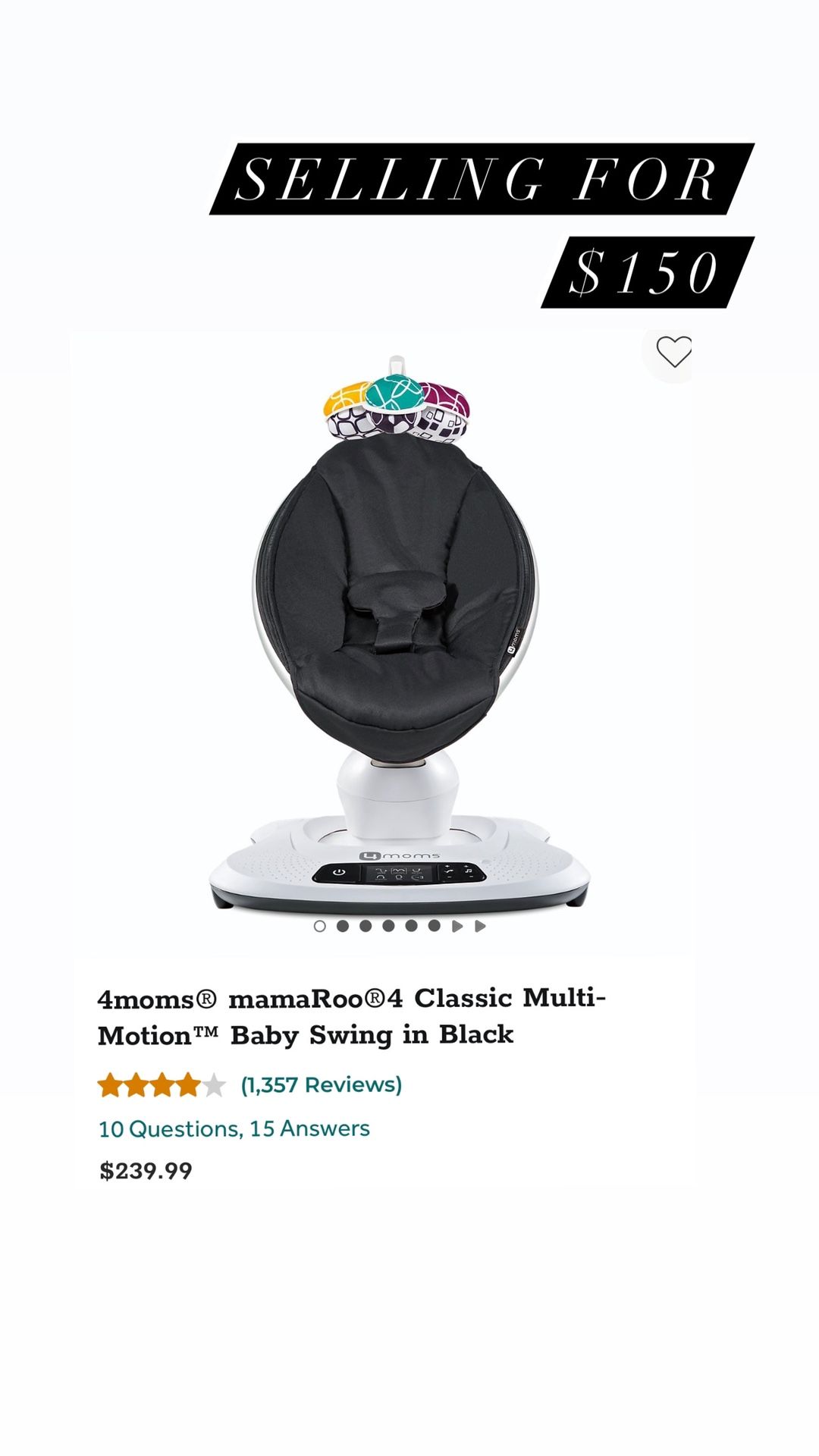 4moms Mamaroo4 Black Almost New Baby Swing With Newborn Insert Included  