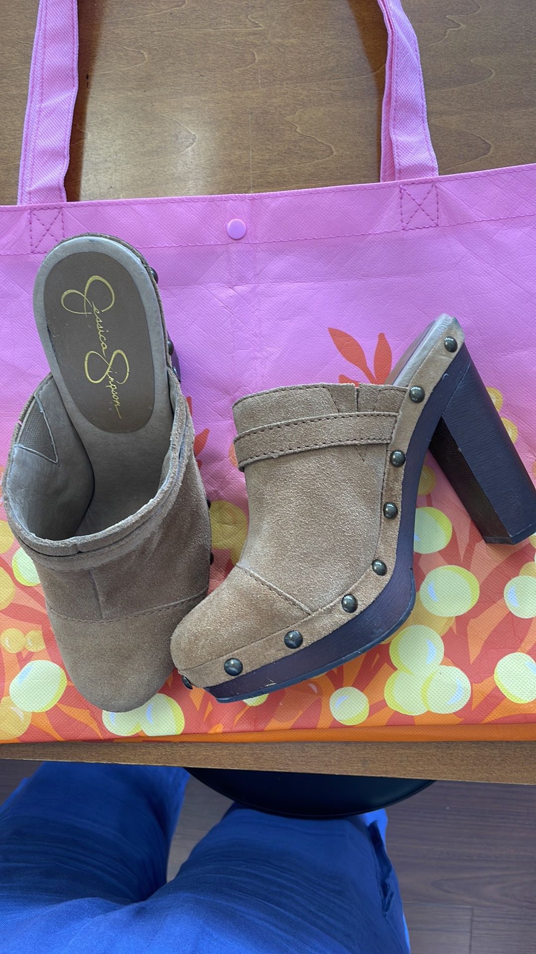 Jessica Simpson Caral Tan Suede Platform Shoes. Mule style