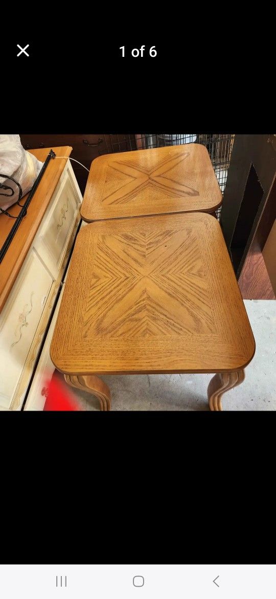 Pair of nice end tables...overall in good condition except for one spot as shown in the picture
Top is 21" by 23"
22" tall
Buy the set for $40.00