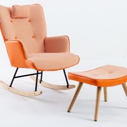 Orange Creamsicle Rocking Chair w/ Soft Houndstooth & Leather Upholstery & Ottoman [NEW IN BOX]  <Assembly Req>