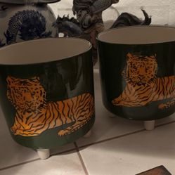 $30 EA Hand Painted Green, Orange & Black BENGAL TIGER Planter. Beautiful Flower Pot By Artist For Plant, Large Candle, Etc. 2 For Sale Buy 1 Or Pair.