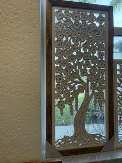 One (1) Japanese 37” X 17” cherry blossom flower tree panel in wood frame. ZEN WHITE WASHED WALL ART. Hang Or Lean. Coastal, Asian, Chinoiserie Look. 