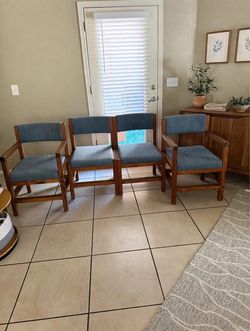Set of 4 Wood Frame Armchairs with Blue Upholstery