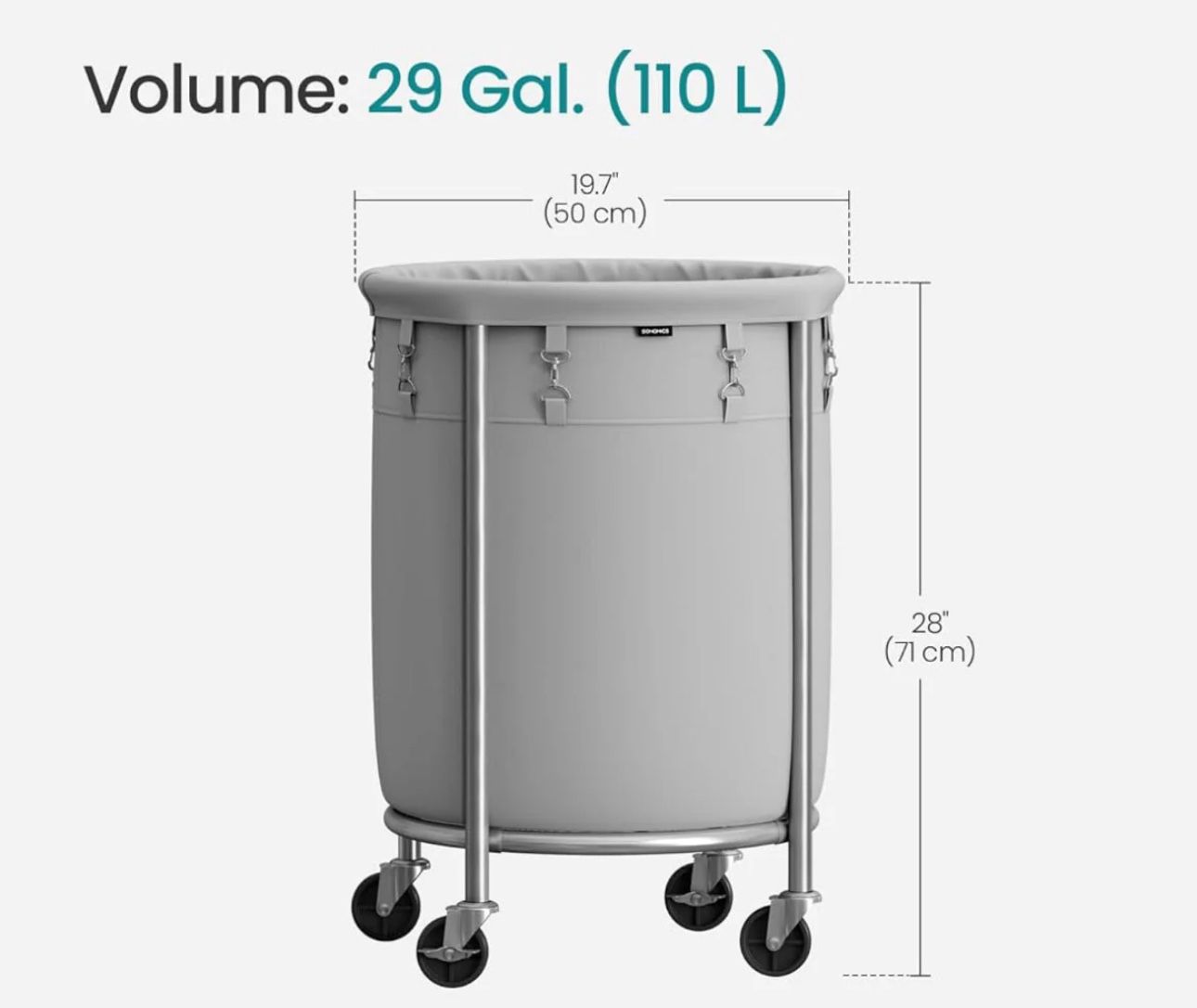 SONGMICS 29 Gallon (110 L) Laundry Basket with Wheels - Gray