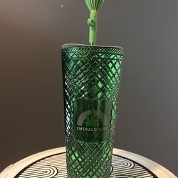 Starbucks Wicked Emerald City 24oz Gemstone Cold Cup Tumbler + Hot Air Balloon Straw Topper - New