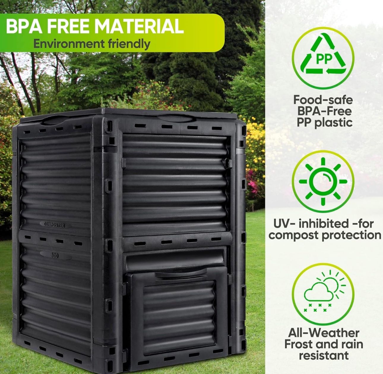 Outdoor Compost Bin 80 Gallon (300 L) Large Capacity Garden Composter BPA-Free Composting Box for Fast Creation of Fertile Soil, Easy to Assemble, Bla