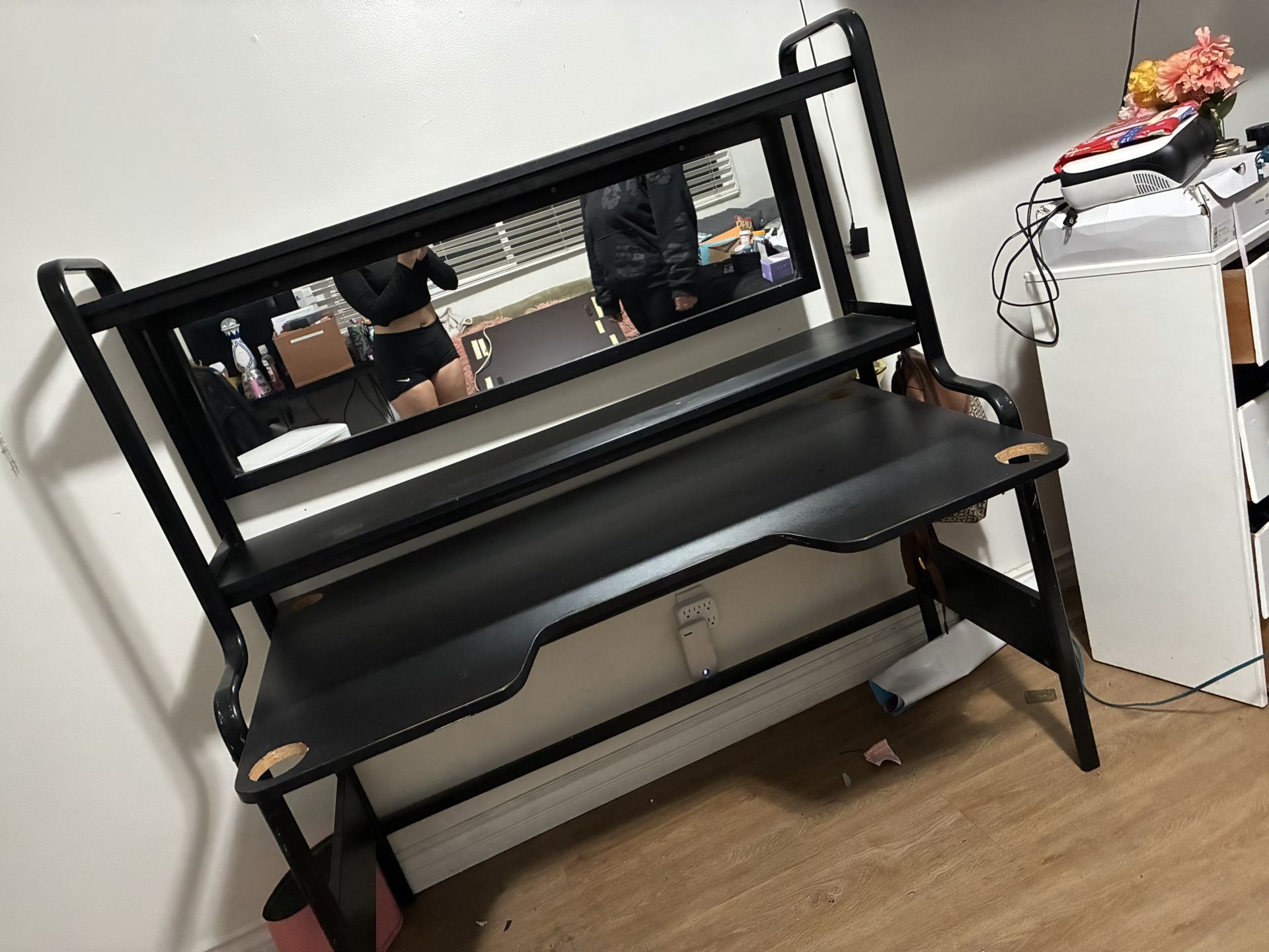 wood multi shelved desk with built in mirror