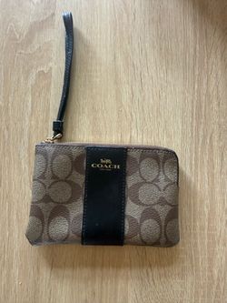 Coach Brown Signature Canvas Wristlet Wallet – Black Center Stripe & Gold Logo
