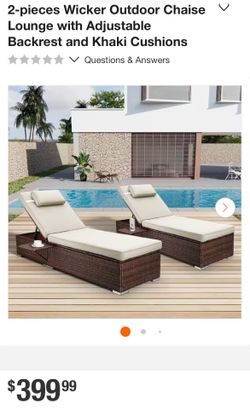 2-pieces Wicker Outdoor Chaise Lounge with Adjustable Backrest and Khaki Cushions