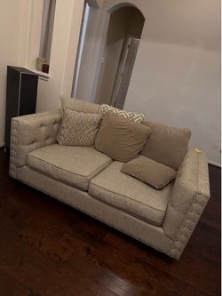 2 Beige Tufted Nailhead Trim Sofa – Transitional Style