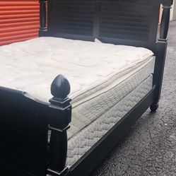 Quality Solid Wood Black Queen Size Bed Headbord, Footboard, Rails, Mattress And Boxspring Great Condition
