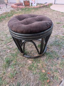 Small Rattan Ottoman with Brown Cushion