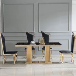 Black Marble Dining Table With 6 Black Gold Chairs